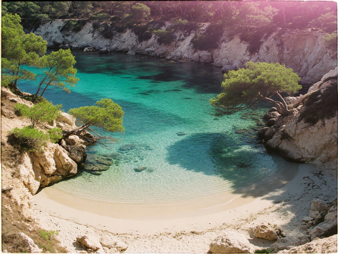 A hidden Ibiza cove of turquoise water, pale sand and pines.