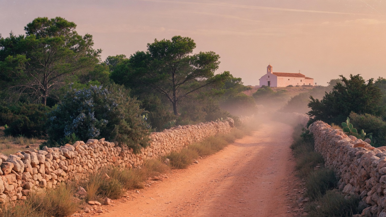 An inland Ibiza road of red earth, stone walls and pines.